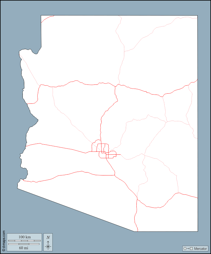 Arizona : d-maps.com: mapa livre, mapa em branco livre, mapa livre do esboço, mapa básico livre
 : contornos, estradas