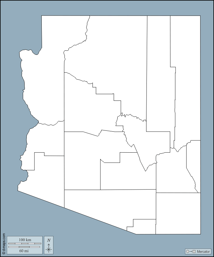 Arizona : d-maps.com: carte géographique gratuite, carte géographique muette gratuite, carte vierge gratuite, fond de carte gratuit, formats graphiques courants : contours, comtés