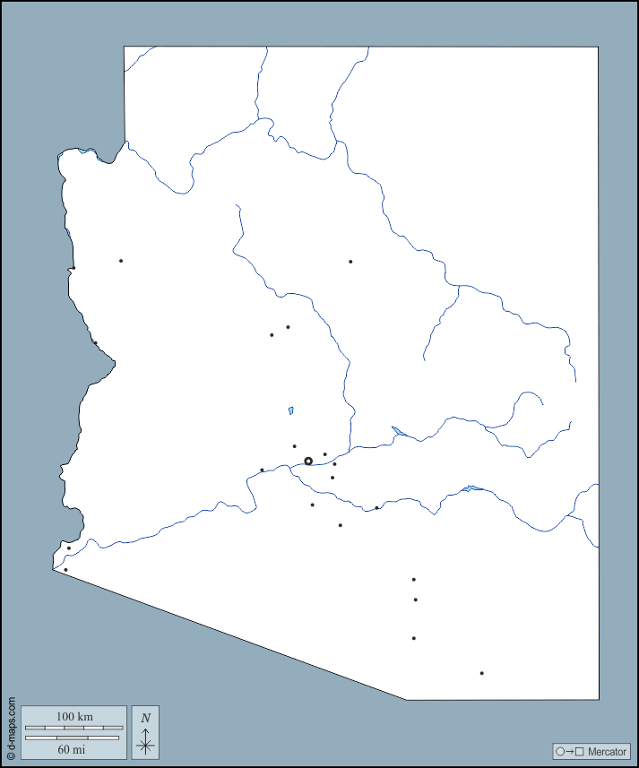 Arizona : d-maps.com: mapa livre, mapa em branco livre, mapa livre do esboço, mapa básico livre
 : contornos, hidrografia, principais cidades