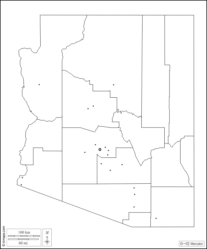 Arizona : d-maps.com: mapa gratuito, mapa mudo gratuito, mapa en blanco gratuito, plantilla de mapa : contornos, condados, principales ciudades, blanco