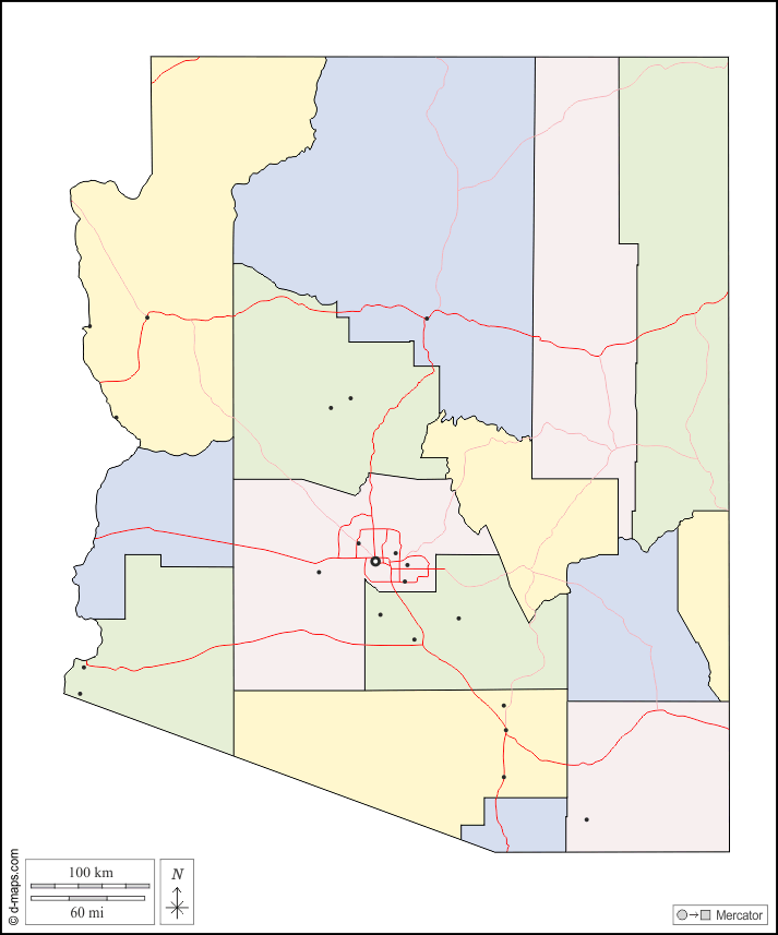 Arizona : d-maps.com: Kostenlose Karten, kostenlose stumme Karte, kostenlose unausgefüllt Landkarte, kostenlose hochauflösende Umrisskarte : Umrisse, Landkreise, Wichtige Städte, Straßen, Farbe, weiß