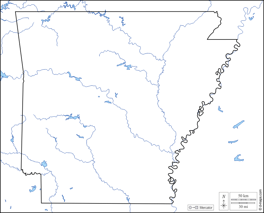 アーカンソー : d-maps.com: 無料地図, 無料の空の地図, 無料のアウトラインマップ, 無料のベースマップ
 : 海岸, 境界, 川と湖
