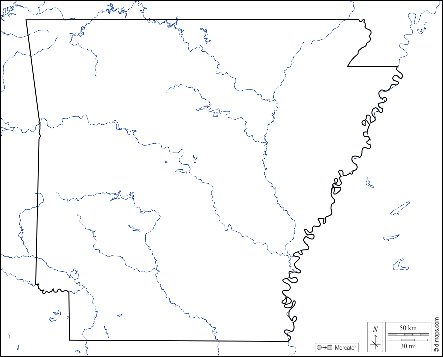 Arkansas : d-maps.com: Kostenlose Karten, kostenlose stumme Karte, kostenlose unausgefüllt Landkarte, kostenlose hochauflösende Umrisskarte : Küsten, Grenzen, Hydrografie, weiß