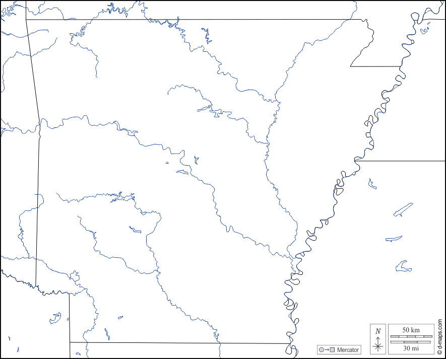Arkansas : d-maps.com: Kostenlose Karten, kostenlose stumme Karte, kostenlose unausgefüllt Landkarte, kostenlose hochauflösende Umrisskarte : Grenzen, Hydrografie, weiß