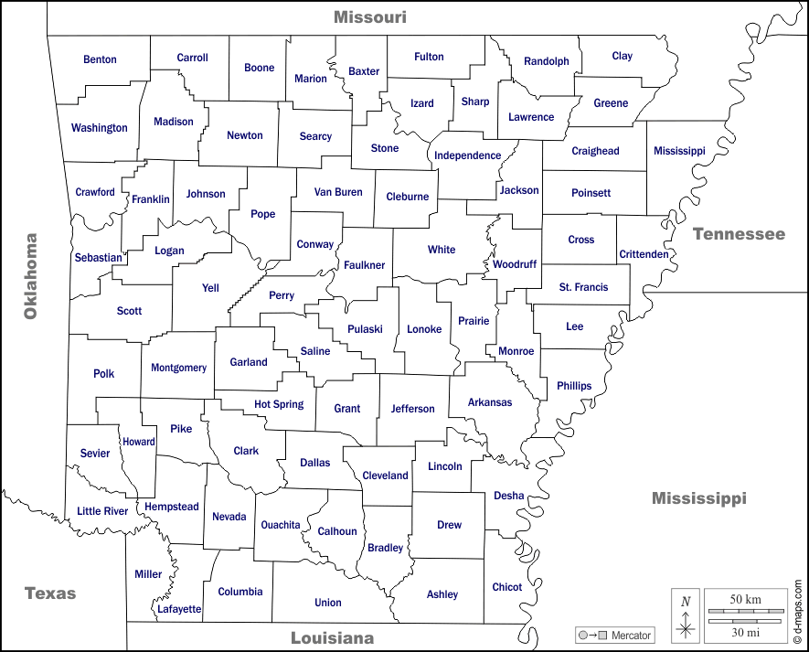 Arkansas : d-maps.com: free map, free blank map, free outline map, free base map : boundaries, counties, names, white