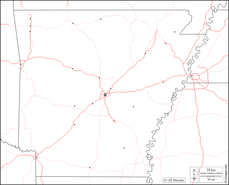 Arkansas : d-maps.com: mapa livre, mapa em branco livre, mapa livre do esboço, mapa básico livre
 : fronteiras, principais cidades, estradas, branco