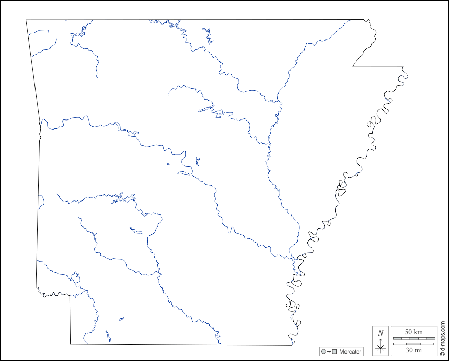アーカンソー : d-maps.com: 無料地図, 無料の空の地図, 無料のアウトラインマップ, 無料のベースマップ
 : 輪郭, 川と湖, 白い