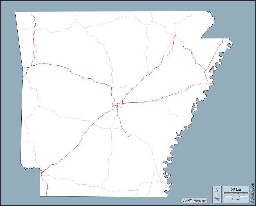 アーカンソー : d-maps.com: 無料地図, 無料の空の地図, 無料のアウトラインマップ, 無料のベースマップ
 : 輪郭, 道路