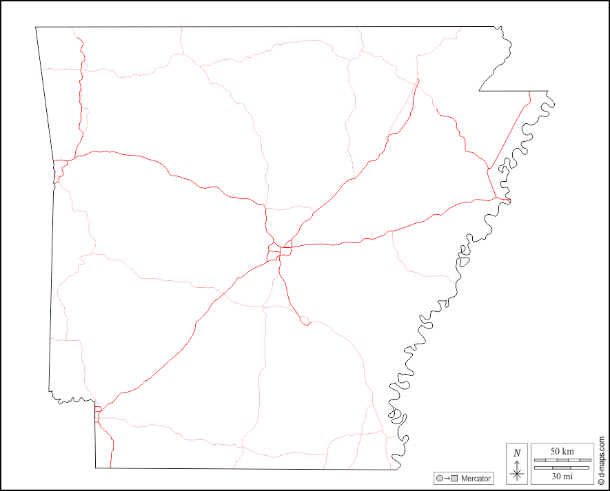 アーカンソー : d-maps.com: 無料地図, 無料の空の地図, 無料のアウトラインマップ, 無料のベースマップ
 : 輪郭, 道路, 白い