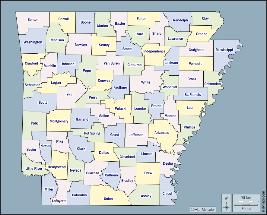 Arkansas : d-maps.com: mappa gratuita, mappa muta gratuita, cartina muta gratuita : contorni, contee, nomi, colore