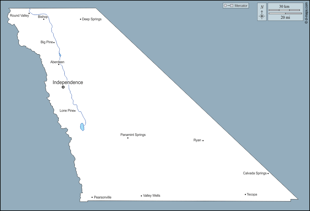 Contea di Inyo : d-maps.com: mappa gratuita, mappa muta gratuita, cartina muta gratuita : contorni, idrografia, principali città, nomi