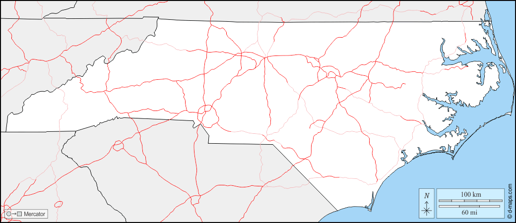 كارولينا الشمالية : خريطة مجانية, خريطة خاليه من الفراغ, خريطة الخطوط العريضة, خريطة القاعدة الحرة
 : حدود, الطرق
