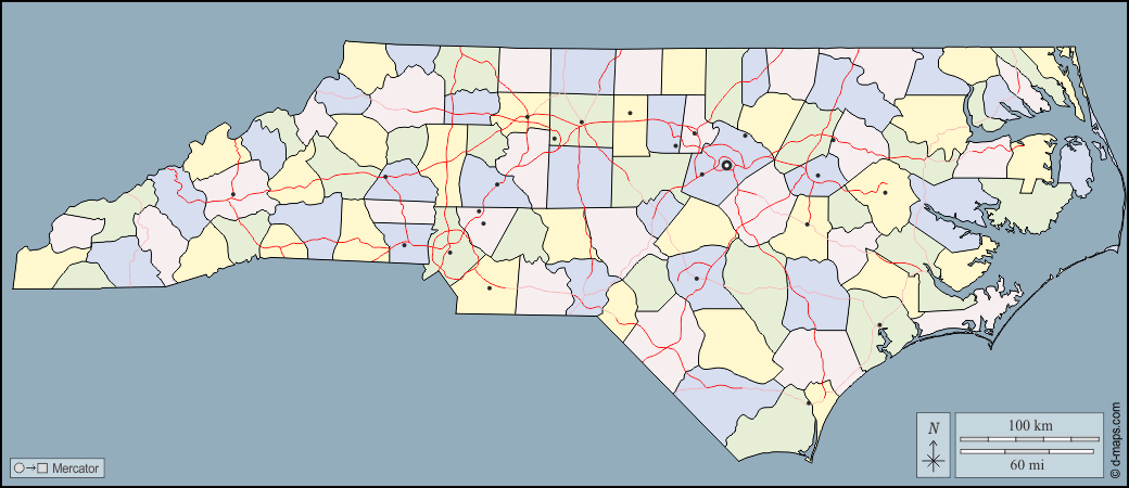 Carolina del Nord : d-maps.com: mappa gratuita, mappa muta gratuita, cartina muta gratuita : contorni, contee, principali città, strade, colore