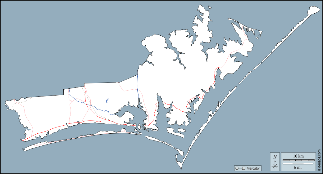 Comté de Carteret : d-maps.com: carte géographique gratuite, carte géographique muette gratuite, carte vierge gratuite, fond de carte gratuit, formats graphiques courants : contours, hydrographie, routes