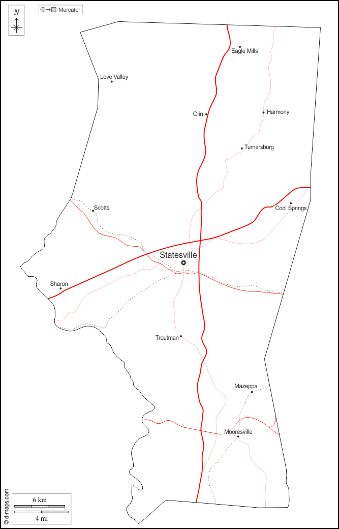 Contea di Iredell : d-maps.com: mappa gratuita, mappa muta gratuita, cartina muta gratuita : contorni, principali città, strade, nomi, bianco