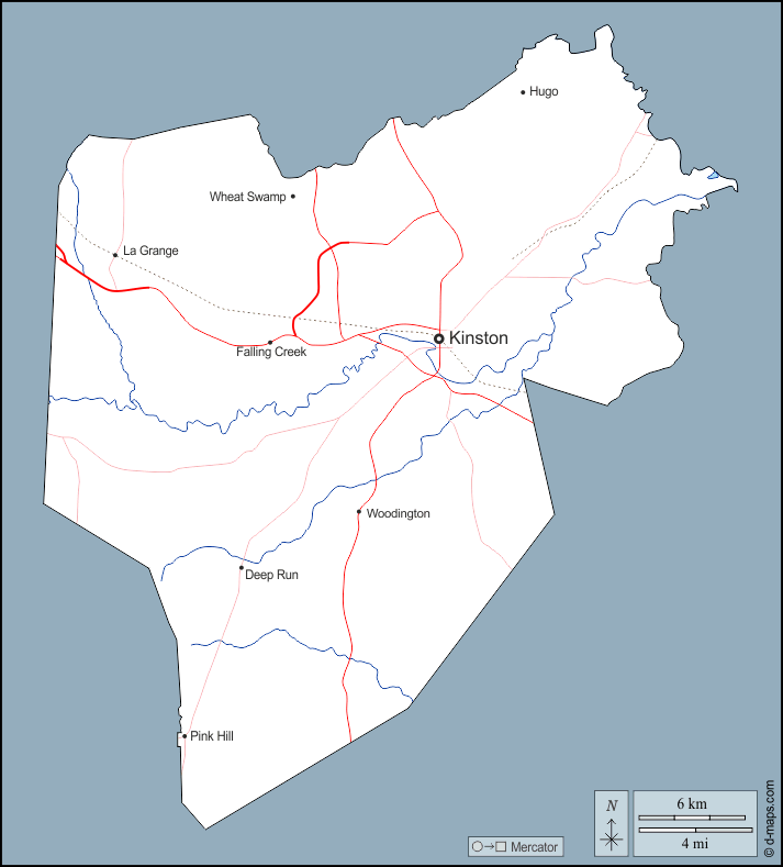 Contea di Lenoir : d-maps.com: mappa gratuita, mappa muta gratuita, cartina muta gratuita : contorni, idrografia, principali città, strade, nomi