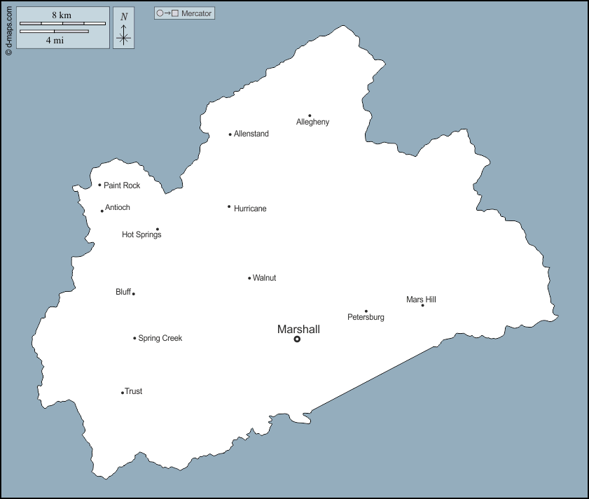 Contea di Madison : d-maps.com: mappa gratuita, mappa muta gratuita, cartina muta gratuita : contorni, principali città, nomi