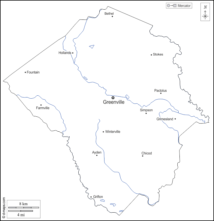 Contea di Pitt : d-maps.com: mappa gratuita, mappa muta gratuita, cartina muta gratuita : contorni, idrografia, principali città, nomi, bianco