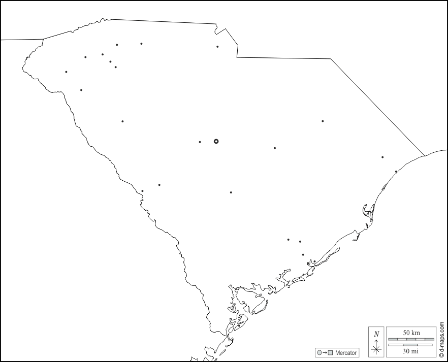 Caroline du Sud : d-maps.com: carte géographique gratuite, carte géographique muette gratuite, carte vierge gratuite, fond de carte gratuit, formats graphiques courants : frontières, principales villes, blanc