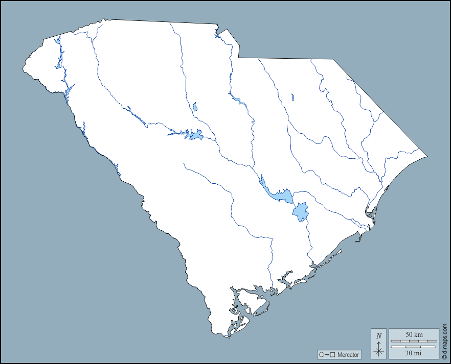 Carolina del Sur : d-maps.com: mapa gratuito, mapa mudo gratuito, mapa en blanco gratuito, plantilla de mapa : contornos, hidrografía