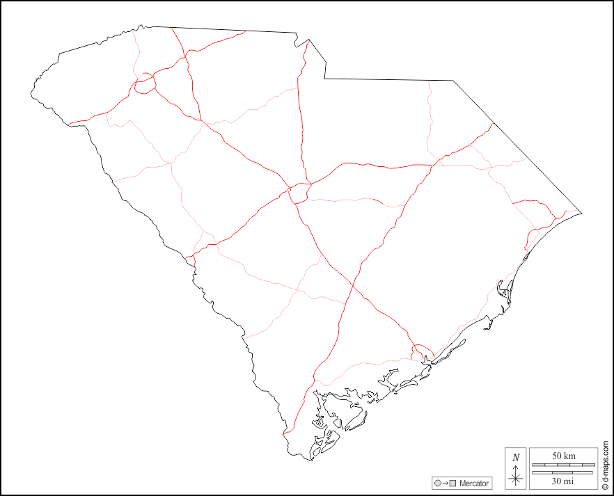 South Carolina : d-maps.com: Kostenlose Karten, kostenlose stumme Karte, kostenlose unausgefüllt Landkarte, kostenlose hochauflösende Umrisskarte : Umrisse, Straßen, weiß