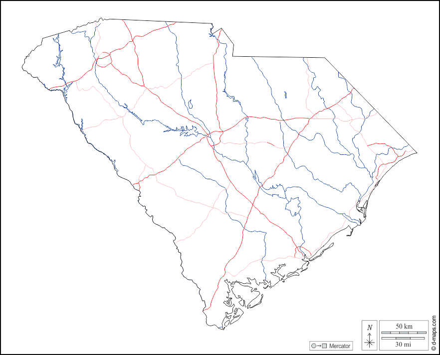 Carolina do Sul : d-maps.com: mapa livre, mapa em branco livre, mapa livre do esboço, mapa básico livre
 : contornos, hidrografia, estradas, branco