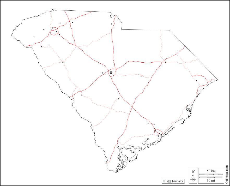 South Carolina : d-maps.com: free map, free blank map, free outline map, free base map : outline, main cities, roads, white