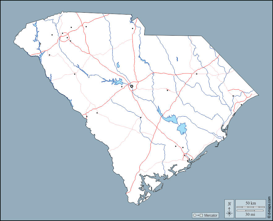 South Carolina : d-maps.com: free map, free blank map, free outline map, free base map : outline, hydrography, main cities, roads
