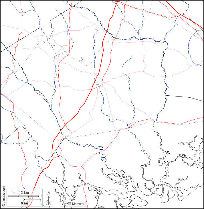 Contea di Colleton : d-maps.com: mappa gratuita, mappa muta gratuita, cartina muta gratuita : frontiere, idrografia, strade, bianco