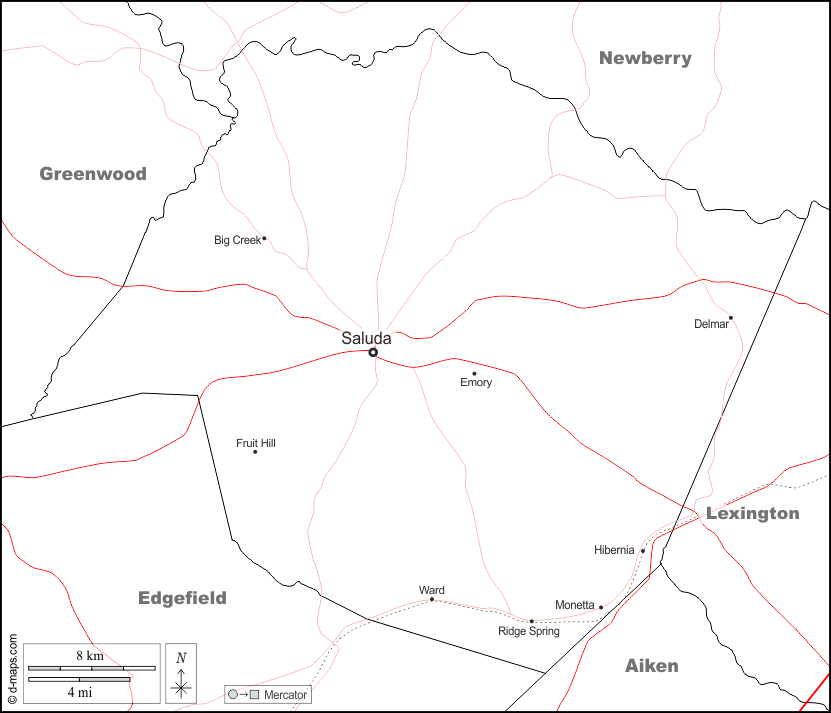 Contea di Saluda : d-maps.com: mappa gratuita, mappa muta gratuita, cartina muta gratuita : frontiere, principali città, strade, nomi, bianco