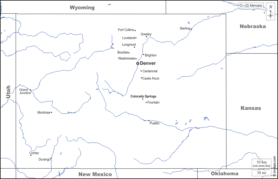 Колорадо : d-maps.com: Бесплатная карта, бесплатная карта, свободная карта, Бесплатная базовая карта
 : границы, гидрографии, Главные города, имена, Белый