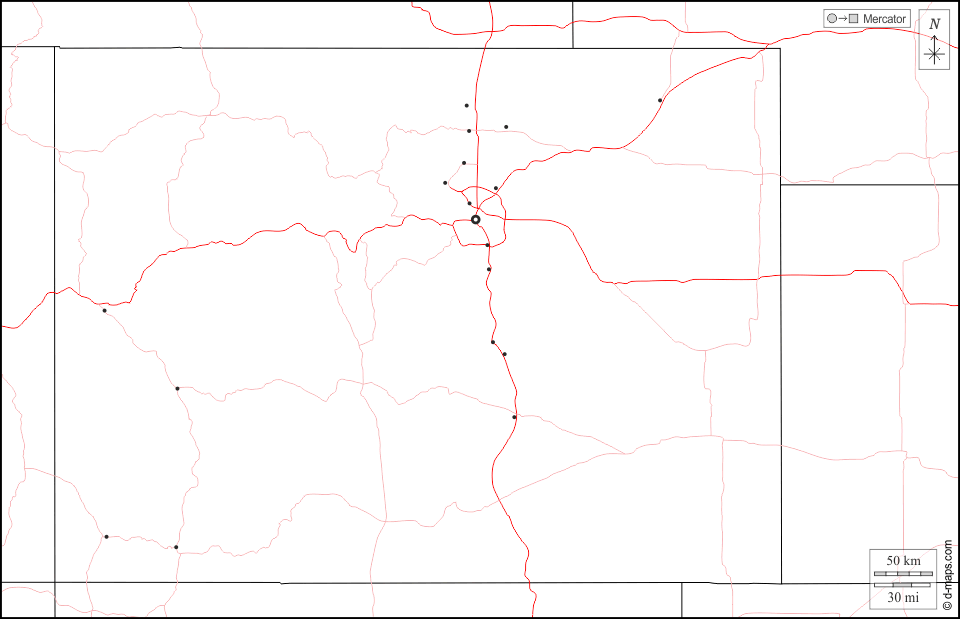 Colorado : d-maps.com: mapa livre, mapa em branco livre, mapa livre do esboço, mapa básico livre
 : fronteiras, principais cidades, estradas, branco