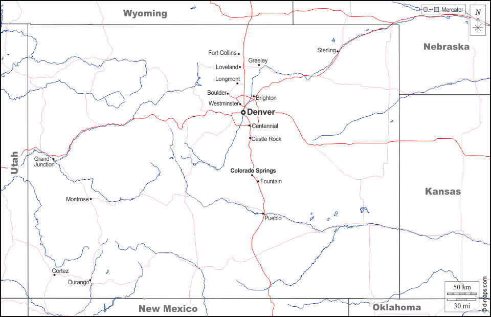 Colorado : d-maps.com: mappa gratuita, mappa muta gratuita, cartina muta gratuita : frontiere, idrografia, principali città, strade, nomi, bianco
