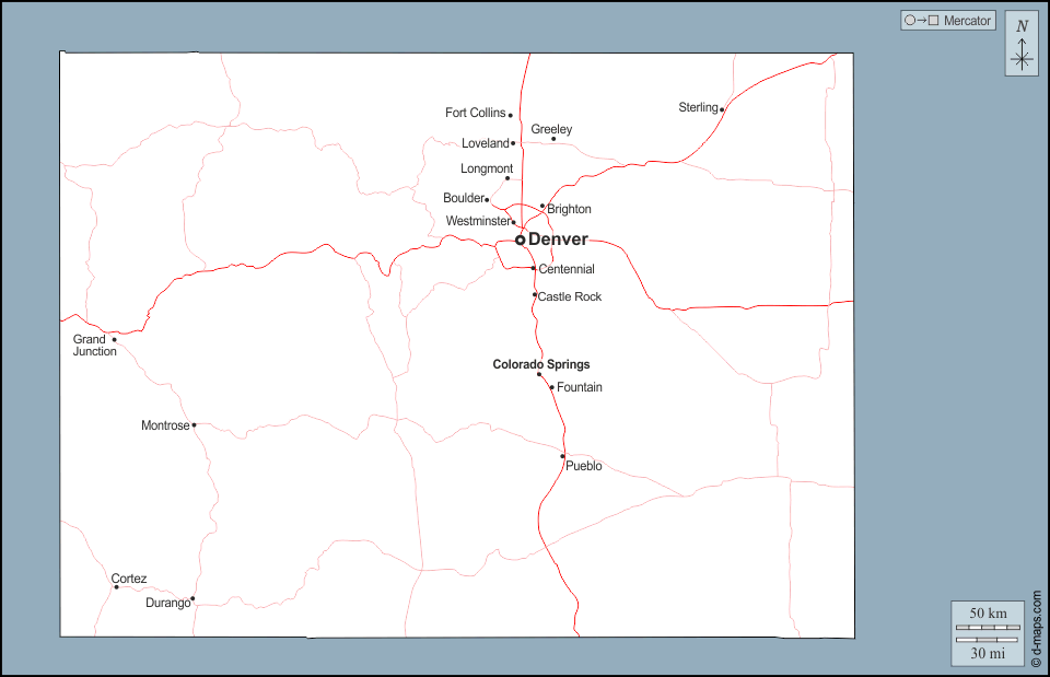 Colorado : d-maps.com: mapa livre, mapa em branco livre, mapa livre do esboço, mapa básico livre
 : contornos, principais cidades, estradas, nomes