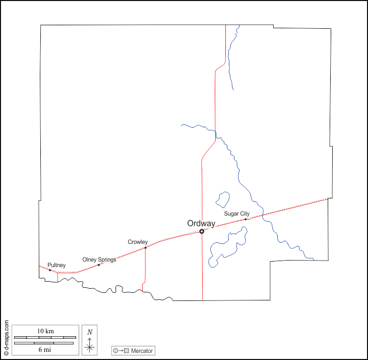 Contea di Crowley : d-maps.com: mappa gratuita, mappa muta gratuita, cartina muta gratuita : contorni, idrografia, principali città, strade, nomi, bianco