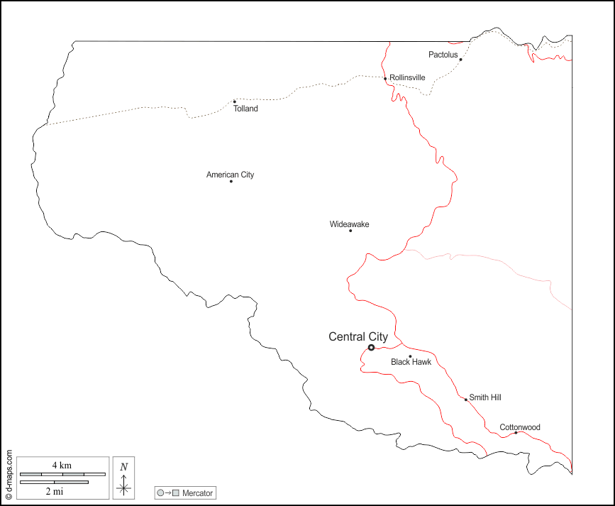Contea di Gilpin : d-maps.com: mappa gratuita, mappa muta gratuita, cartina muta gratuita : contorni, principali città, strade, nomi, bianco