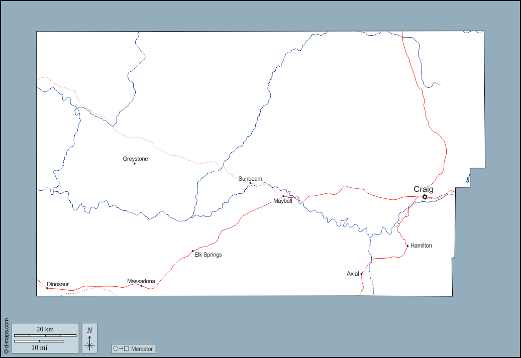 Contea di Moffat : d-maps.com: mappa gratuita, mappa muta gratuita, cartina muta gratuita : contorni, idrografia, principali città, strade, nomi