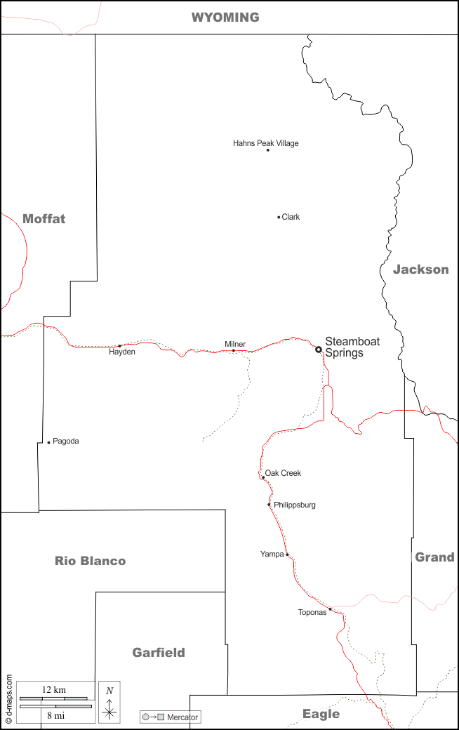 Contea di Routt : d-maps.com: mappa gratuita, mappa muta gratuita, cartina muta gratuita : frontiere, principali città, strade, nomi, bianco