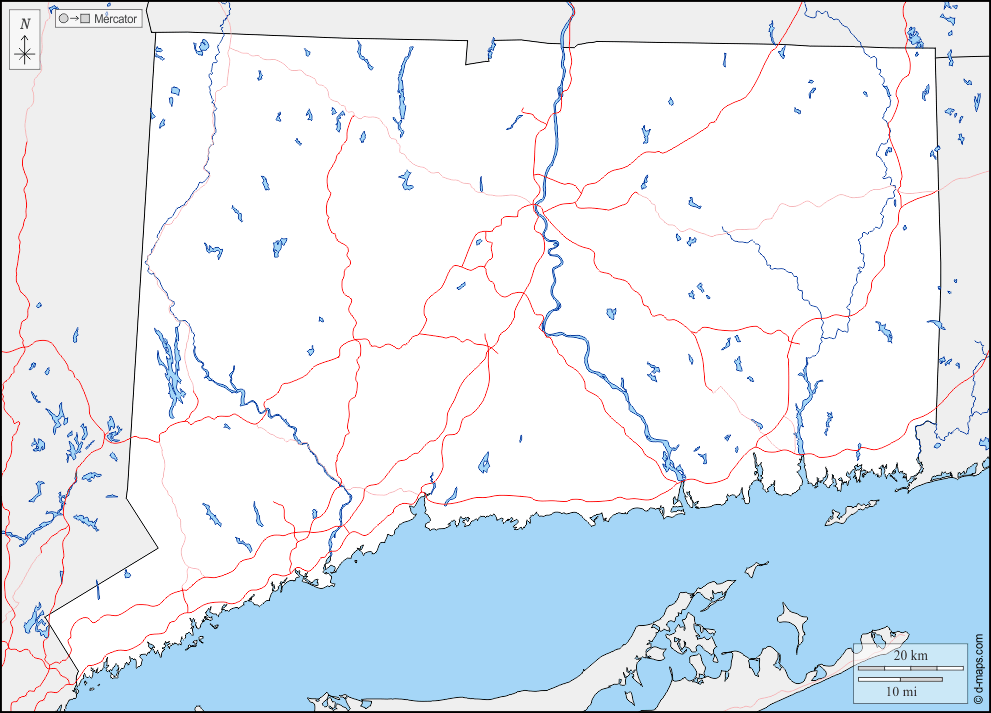 Connecticut : d-maps.com: mapa livre, mapa em branco livre, mapa livre do esboço, mapa básico livre
 : fronteiras, hidrografia, estradas