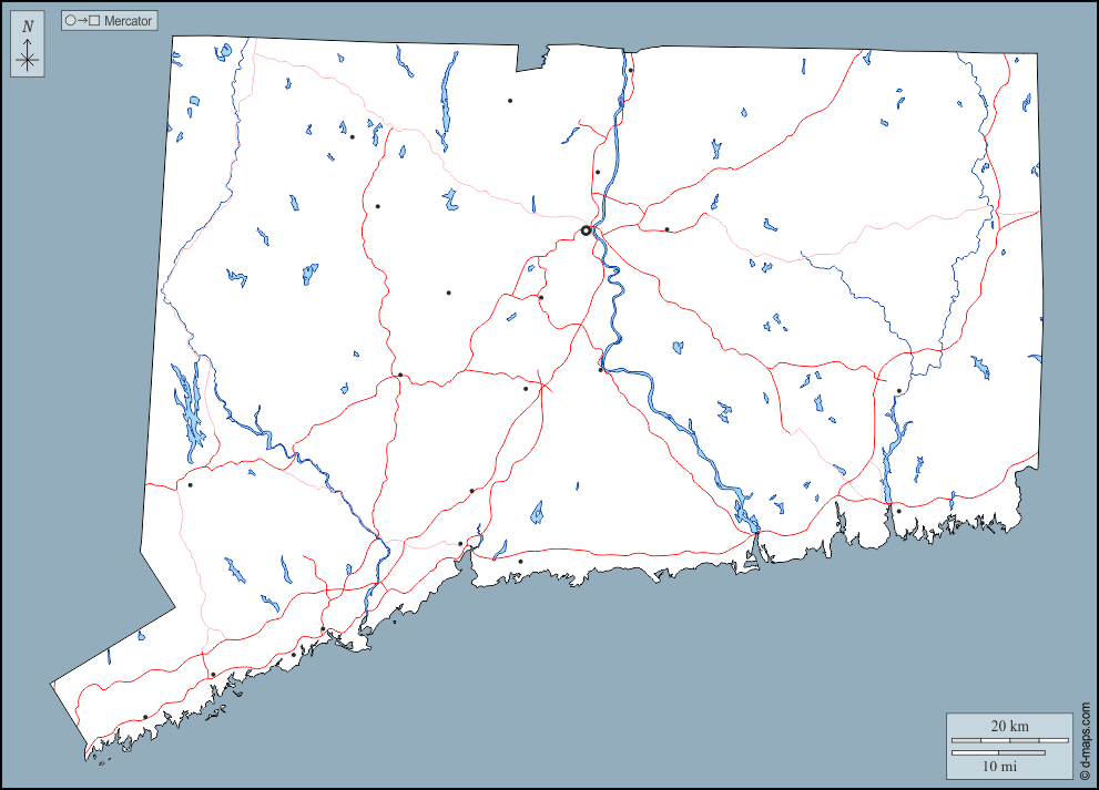 Connecticut : d-maps.com: Kostenlose Karten, kostenlose stumme Karte, kostenlose unausgefüllt Landkarte, kostenlose hochauflösende Umrisskarte : Umrisse, Hydrografie, Wichtige Städte, Straßen