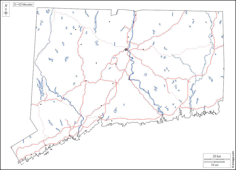 Connecticut : d-maps.com: Kostenlose Karten, kostenlose stumme Karte, kostenlose unausgefüllt Landkarte, kostenlose hochauflösende Umrisskarte : Umrisse, Hydrografie, Wichtige Städte, Straßen, weiß
