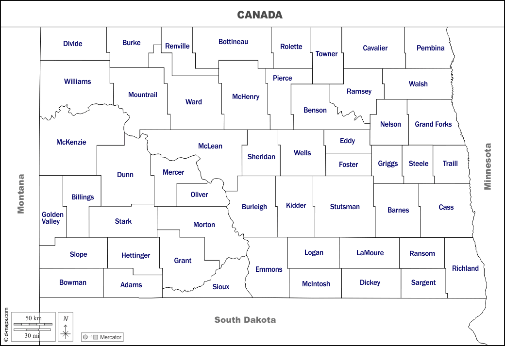 North Dakota : d-maps.com: Kostenlose Karten, kostenlose stumme Karte, kostenlose unausgefüllt Landkarte, kostenlose hochauflösende Umrisskarte : Grenzen, Landkreise, Namen, weiß