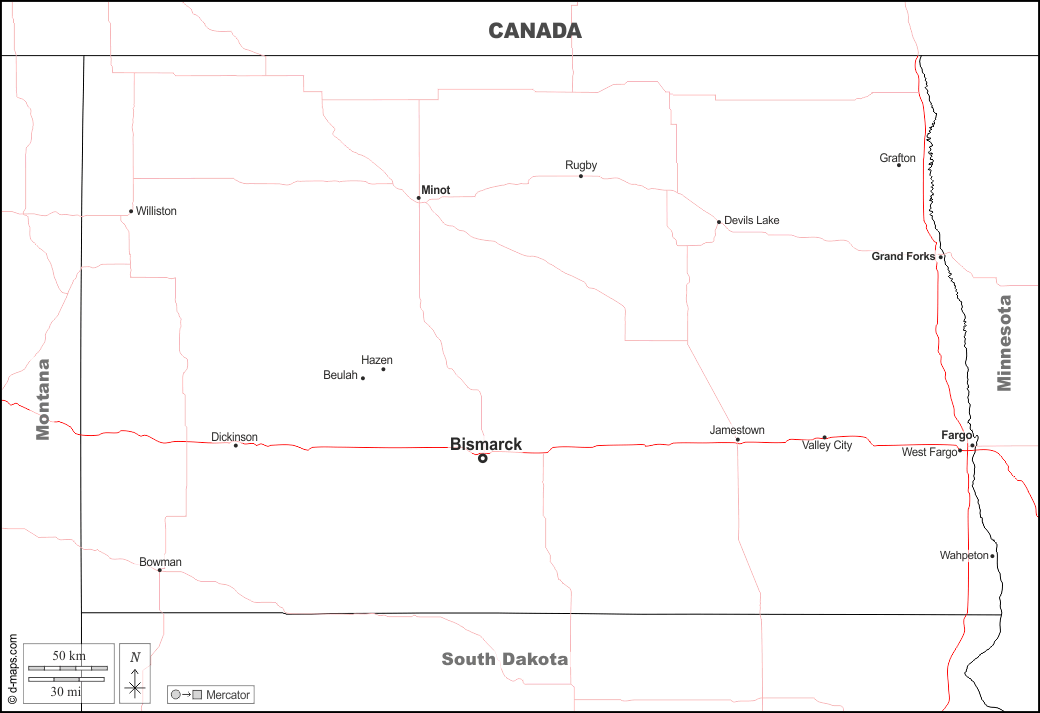 North Dakota : d-maps.com: Kostenlose Karten, kostenlose stumme Karte, kostenlose unausgefüllt Landkarte, kostenlose hochauflösende Umrisskarte : Grenzen, Wichtige Städte, Straßen, Namen, weiß