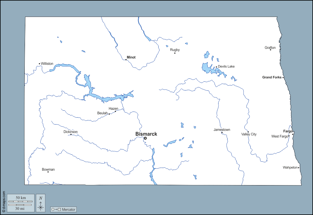 Dakota do Norte : d-maps.com: mapa livre, mapa em branco livre, mapa livre do esboço, mapa básico livre
 : contornos, hidrografia, principais cidades, nomes