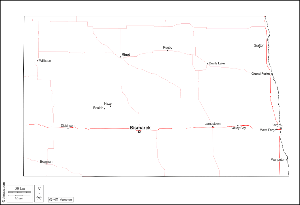 Северная Дакота : d-maps.com: Бесплатная карта, бесплатная карта, свободная карта, Бесплатная базовая карта
 : контур, Главные города, дорог, имена, Белый