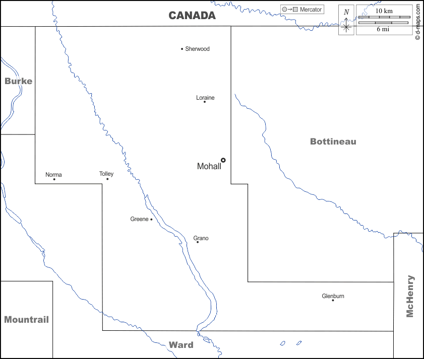 Contea di Renville : d-maps.com: mappa gratuita, mappa muta gratuita, cartina muta gratuita : frontiere, idrografia, principali città, nomi, bianco