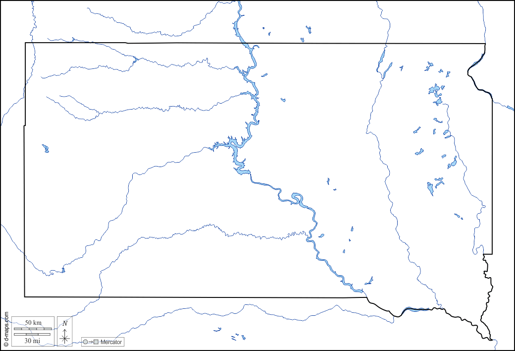 South Dakota : d-maps.com: Kostenlose Karten, kostenlose stumme Karte, kostenlose unausgefüllt Landkarte, kostenlose hochauflösende Umrisskarte : Grenzen, Hydrografie