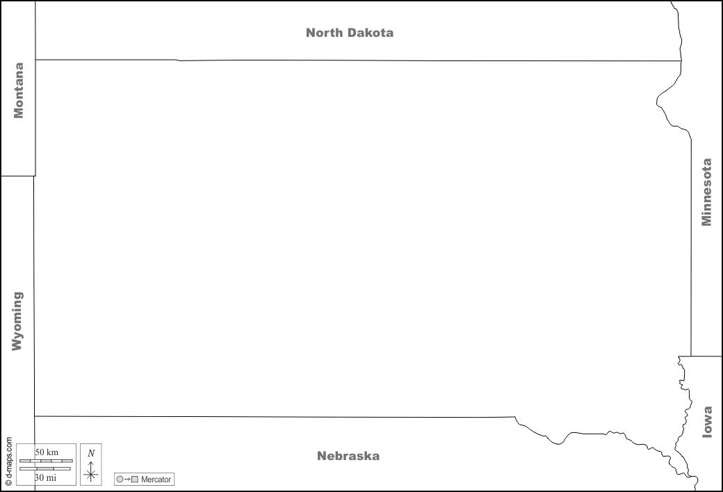 داكوتا الجنوبية : خريطة مجانية, خريطة خاليه من الفراغ, خريطة الخطوط العريضة, خريطة القاعدة الحرة
 : حدود, أسماء, أبيض