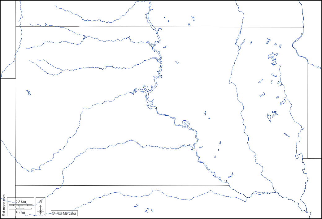サウスダコタ : d-maps.com: 無料地図, 無料の空の地図, 無料のアウトラインマップ, 無料のベースマップ
 : 境界, 川と湖, 白い