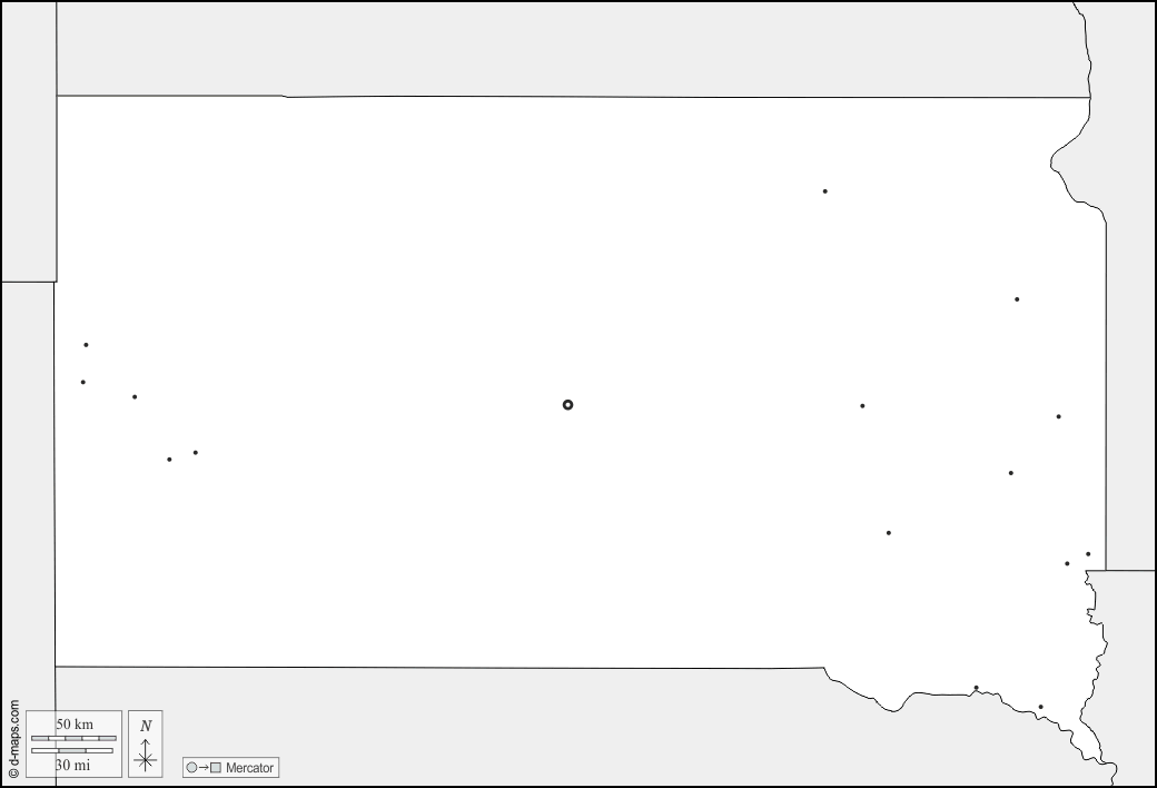 South Dakota : d-maps.com: Kostenlose Karten, kostenlose stumme Karte, kostenlose unausgefüllt Landkarte, kostenlose hochauflösende Umrisskarte : Grenzen, Wichtige Städte